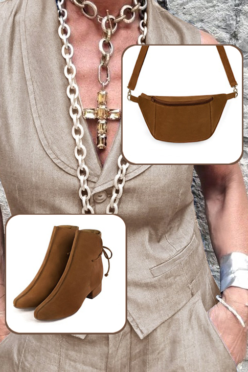 Caramel brown women's ankle boots with laces at the back. Round toe. Low block heels. Top view - Florence KOOIJMAN